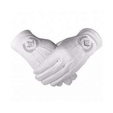 Master Mason Blue Lodge Gloves - White Cotton with Silver Square & Compass