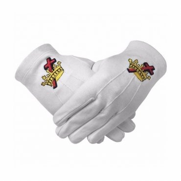 Knights Templar Commandery Gloves - White Cotton Machine Embroidered Logo