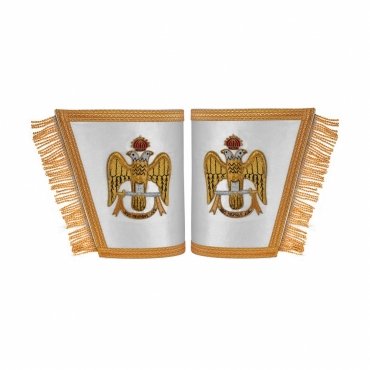 33rd Degree Scottish Rite Cuff - White Silk with Hand Embroidery Gold Bullion