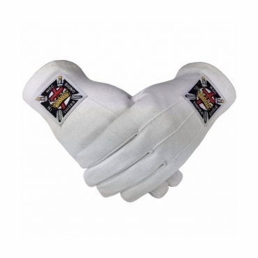 Knights Templar Commandery Gloves - White Cotton Machine Embroidered Emblem