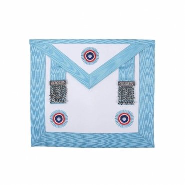 MASTER MASON EMULATION RITE ENGLISH REGULATION APRON TURQUOISE MOIRE WITH THREE ROSETTES