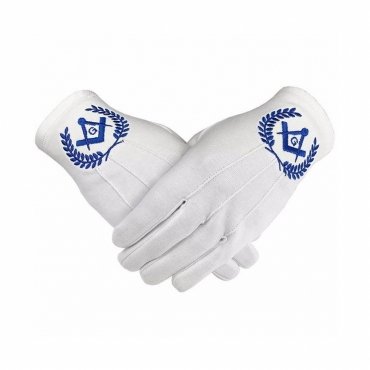Master Mason Blue Lodge Gloves - White Cotton with Blue Square & Compass