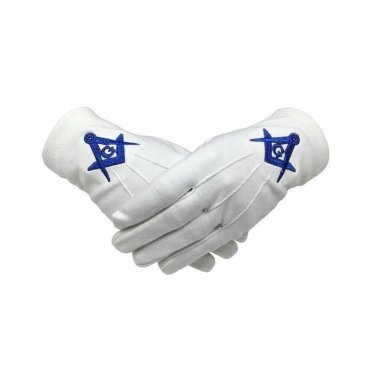 Master Mason Blue Lodge Gloves - White Cotton Machine Embroidery