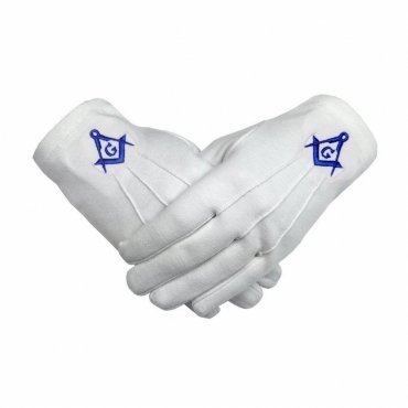 Master Mason Blue Lodge Gloves - White Cotton with Royal Blue Square & Compass