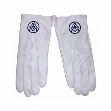 Master Mason Blue Lodge Gloves - White Leather with Square & Compass Embroidery
