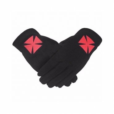 Knights Templar Commandery Gloves - Black Cotton with Red Nordic Cross