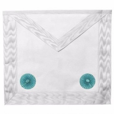 FELLOWCRAFT BLUE LODGE APRON - ALL WHITE MOIRE WITH TWO TURQUOISE ROSETTES
