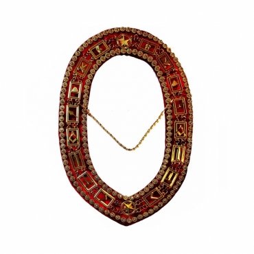 Blue Lodge Chain Collar Gold Plated with Rhinestones on Red Velvet
