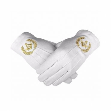 Master Mason Blue Lodge Gloves - White Cotton with Gold Square & Compass G